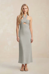Halter Keyhole Sheath Midi Bridesmaid Dress in Silver - KissProm Bridesmaid Dresses