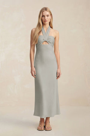 Halter Keyhole Sheath Midi Bridesmaid Dress in Silver - KissProm Bridesmaid Dresses