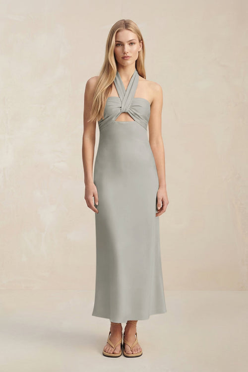 Halter Keyhole Sheath Midi Bridesmaid Dress in Silver - KissProm Bridesmaid Dresses
