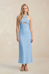 Halter Keyhole Sheath Midi Bridesmaid Dress in Sky Blue - KissProm Bridesmaid Dresses