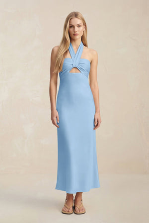 Halter Keyhole Sheath Midi Bridesmaid Dress in Sky Blue - KissProm Bridesmaid Dresses