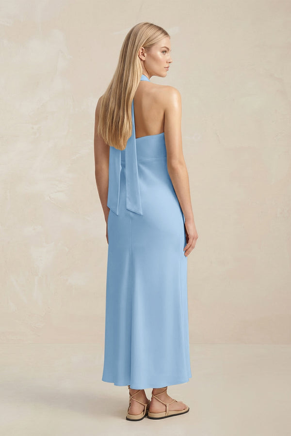 Halter Keyhole Sheath Midi Bridesmaid Dress in Sky Blue - KissProm Bridesmaid Dresses
