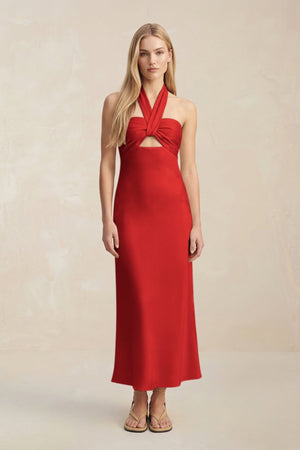 Halter Keyhole Sheath Midi Bridesmaid Dress in Spice - KissProm Bridesmaid Dresses