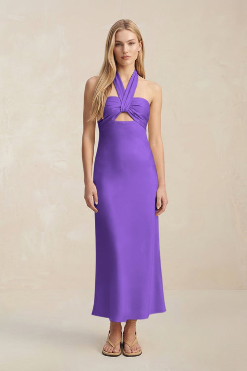 Halter Keyhole Sheath Midi Bridesmaid Dress in Tahiti - KissProm Bridesmaid Dresses