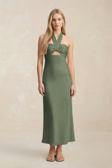 Halter Keyhole Sheath Midi Bridesmaid Dress in Thyme - KissProm Bridesmaid Dresses