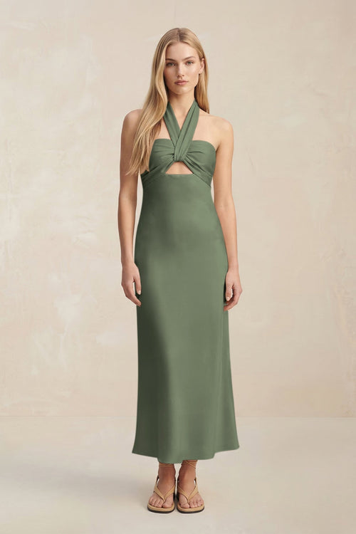 Halter Keyhole Sheath Midi Bridesmaid Dress in Thyme - KissProm Bridesmaid Dresses