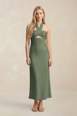Halter Keyhole Sheath Midi Bridesmaid Dress in Thyme - KissProm Bridesmaid Dresses