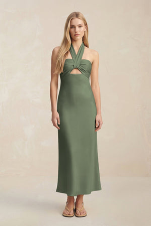 Halter Keyhole Sheath Midi Bridesmaid Dress in Thyme - KissProm Bridesmaid Dresses