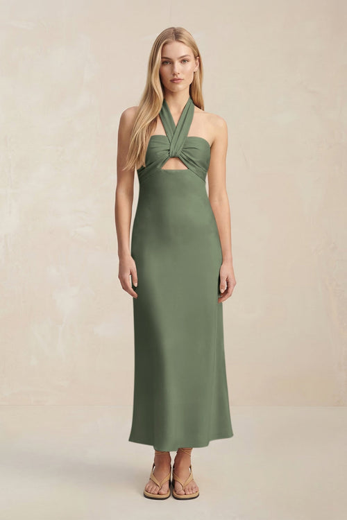 Halter Keyhole Sheath Midi Bridesmaid Dress in Thyme - KissProm Bridesmaid Dresses