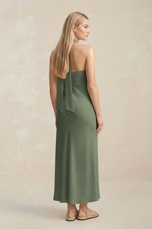 Halter Keyhole Sheath Midi Bridesmaid Dress in Thyme - KissProm Bridesmaid Dresses