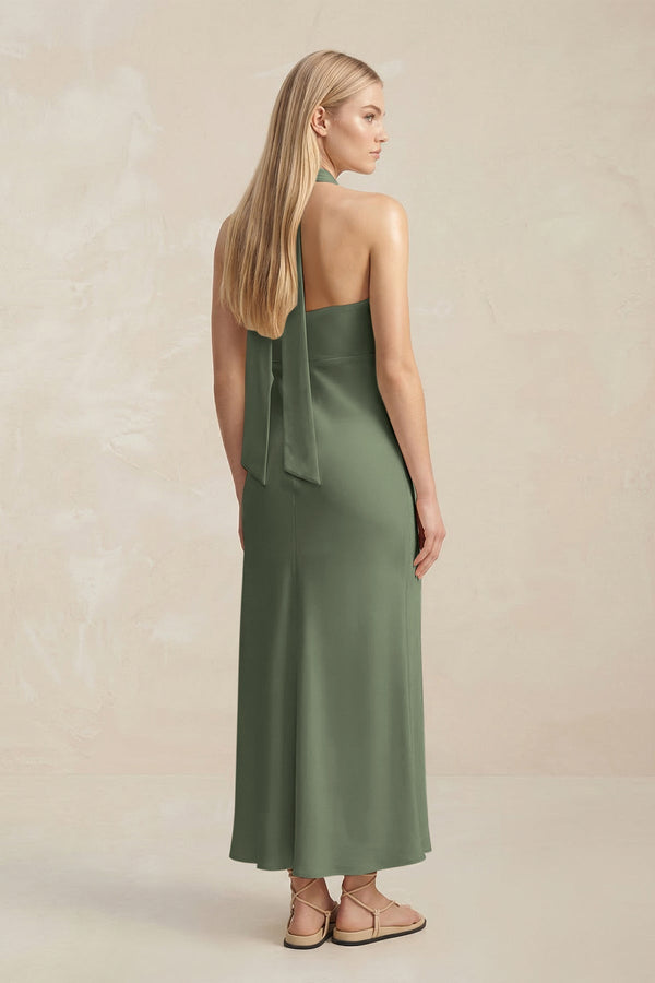 Halter Keyhole Sheath Midi Bridesmaid Dress in Thyme - KissProm Bridesmaid Dresses