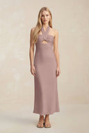 Halter Keyhole Sheath Midi Bridesmaid Dress in Toffee - KissProm Bridesmaid Dresses