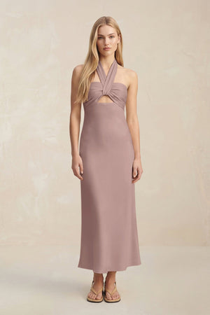 Halter Keyhole Sheath Midi Bridesmaid Dress in Toffee - KissProm Bridesmaid Dresses