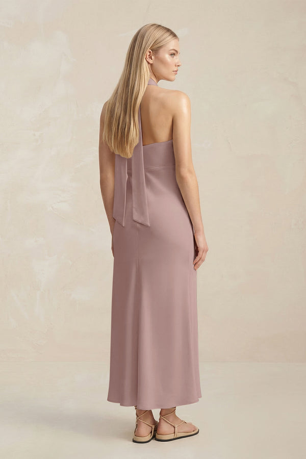 Halter Keyhole Sheath Midi Bridesmaid Dress in Toffee - KissProm Bridesmaid Dresses