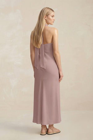 Halter Keyhole Sheath Midi Bridesmaid Dress in Toffee - KissProm Bridesmaid Dresses
