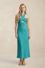 Halter Keyhole Sheath Midi Bridesmaid Dress in Turquoise - KissProm Bridesmaid Dresses