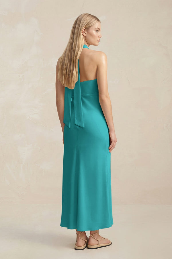 Halter Keyhole Sheath Midi Bridesmaid Dress in Turquoise - KissProm Bridesmaid Dresses
