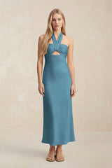 Halter Keyhole Sheath Midi Bridesmaid Dress in Twilight - KissProm Bridesmaid Dresses