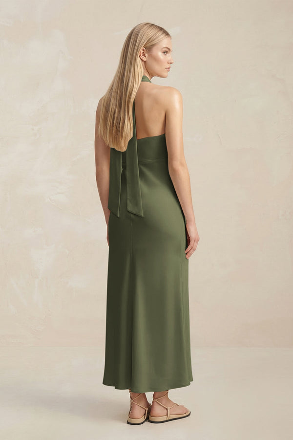 Halter Keyhole Sheath Midi Bridesmaid Dress in Willow Green - KissProm Bridesmaid Dresses