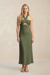 Halter Keyhole Sheath Midi Bridesmaid Dress in Willow Green - KissProm Bridesmaid Dresses