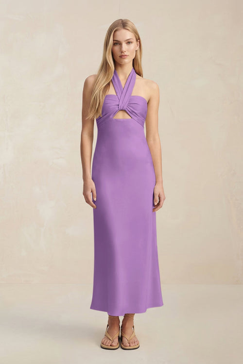 Halter Keyhole Sheath Midi Bridesmaid Dress in Wisteria - KissProm Bridesmaid Dresses
