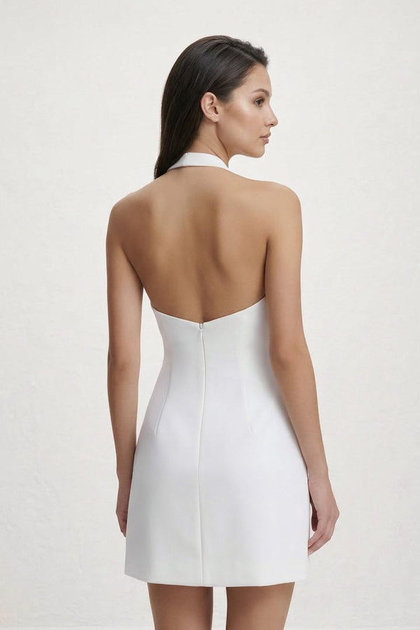 KissProm Halter Keyhole Sheath Mini Graduation Dress With Bow, Ivory / 4