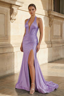 Navy Halter Corset Mermaid Ruched Long Formal Dress with Slit - KISSPROM PROM DRESSES