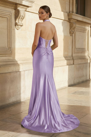 Navy Halter Corset Mermaid Ruched Long Formal Dress with Slit - KISSPROM PROM DRESSES