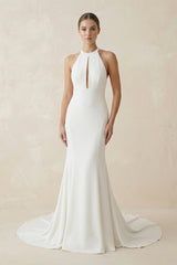 Simple White Halter Open Back Long Wedding Dress – Wedding Dresses by KissProm | Available at KissProm