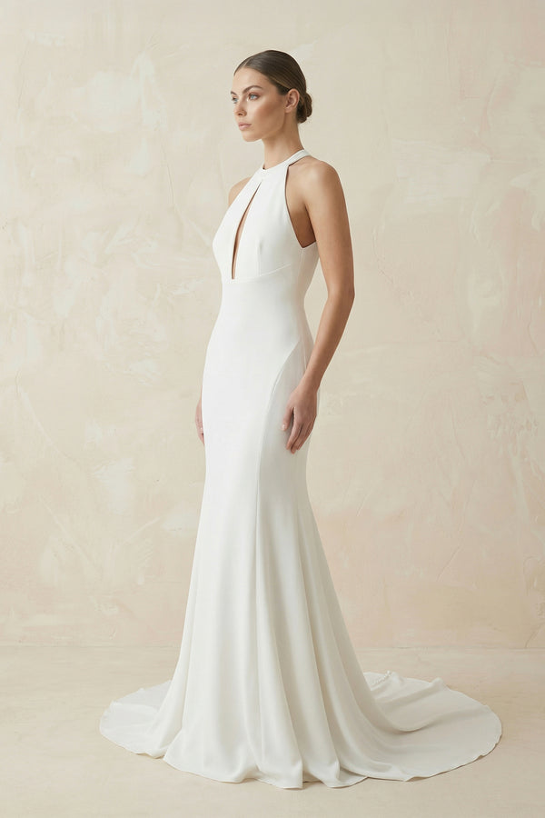 Simple White Halter Open Back Long Wedding Dress – Wedding Dresses by KissProm | Available at KissProm