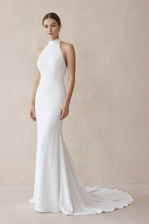 Halter Mermaid Satin Wedding Dress With Beading in White - KissProm Wedding Dresses