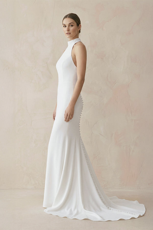 Halter Mermaid Satin Wedding Dress With Beading in White - KissProm Wedding Dresses