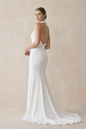 Halter Mermaid Satin Wedding Dress With Beading in White - KissProm Wedding Dresses
