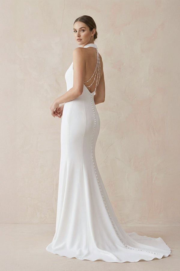 Halter Mermaid Satin Wedding Dress With Beading in White - KissProm Wedding Dresses