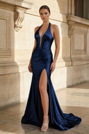Navy Halter Corset Mermaid Ruched Long Formal Dress with Slit - KISSPROM PROM DRESSES