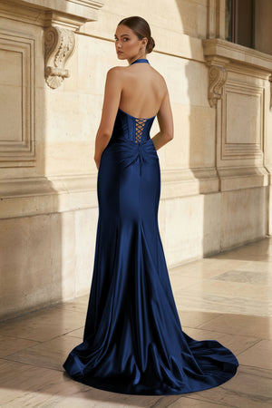 Navy Halter Corset Mermaid Ruched Long Formal Dress with Slit - KISSPROM PROM DRESSES