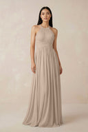 Halter Neck A - Line Chiffon Bridesmaid Dress in Almond - KissProm Bridesmaid Dresses