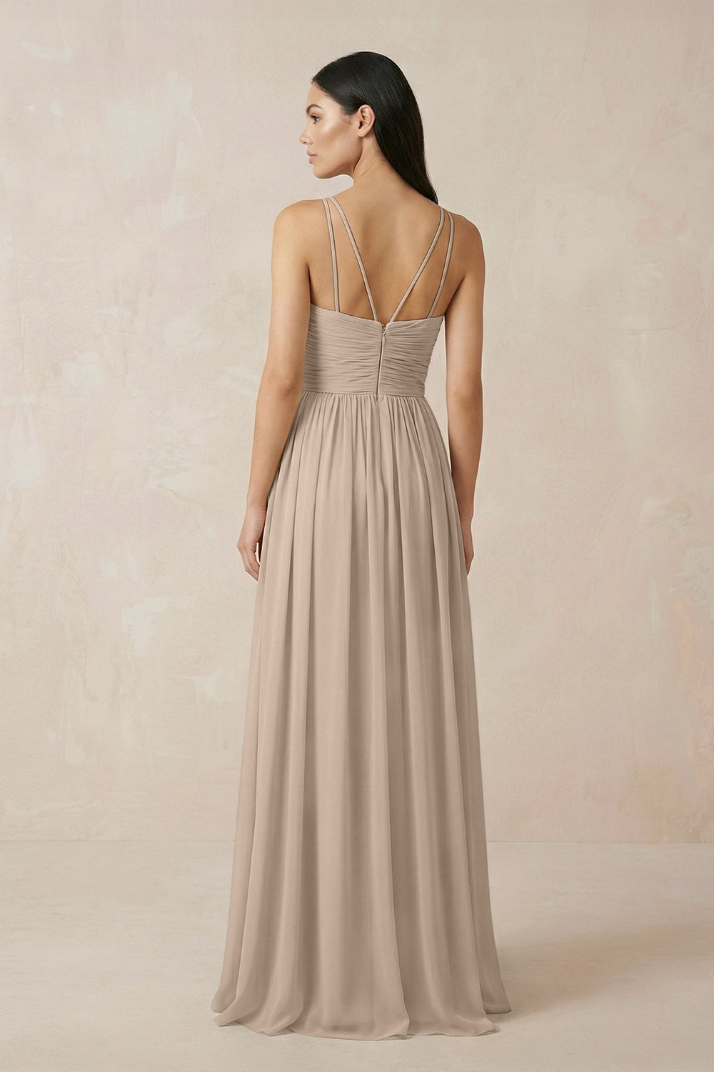 Halter Neck A - Line Chiffon Bridesmaid Dress in Almond - KissProm Bridesmaid Dresses
