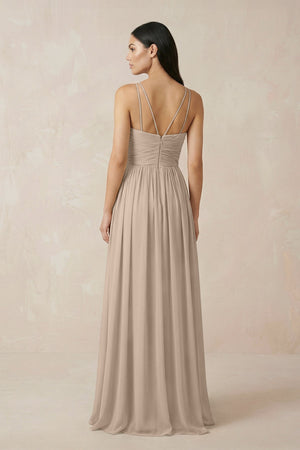 Halter Neck A - Line Chiffon Bridesmaid Dress in Almond - KissProm Bridesmaid Dresses