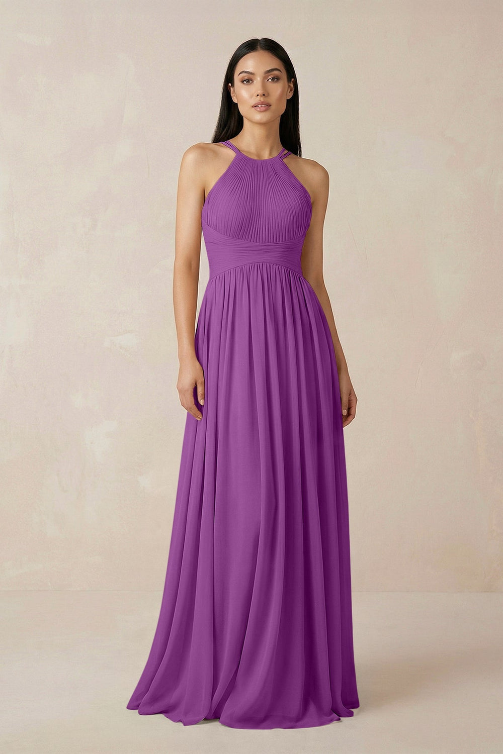Halter Neck A - Line Chiffon Bridesmaid Dress in Amethyst - KissProm Bridesmaid Dresses