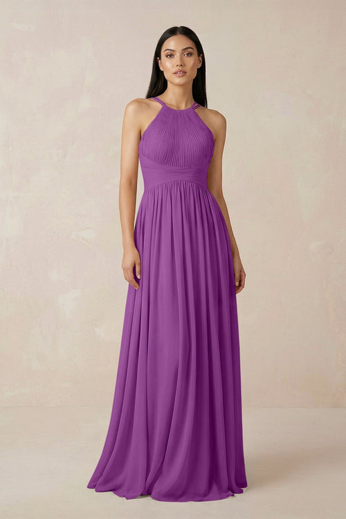 Halter Neck A - Line Chiffon Bridesmaid Dress in Amethyst - KissProm Bridesmaid Dresses