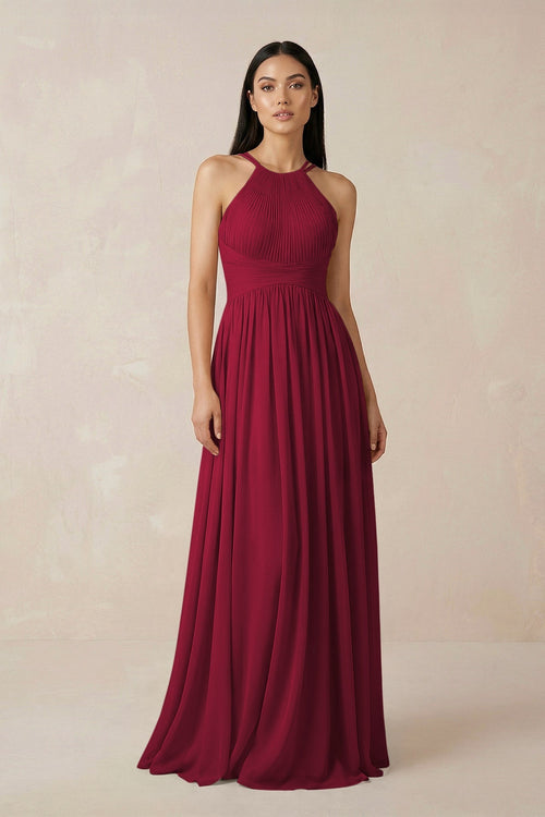 Halter Neck A - Line Chiffon Bridesmaid Dress in Berry - KissProm Bridesmaid Dresses