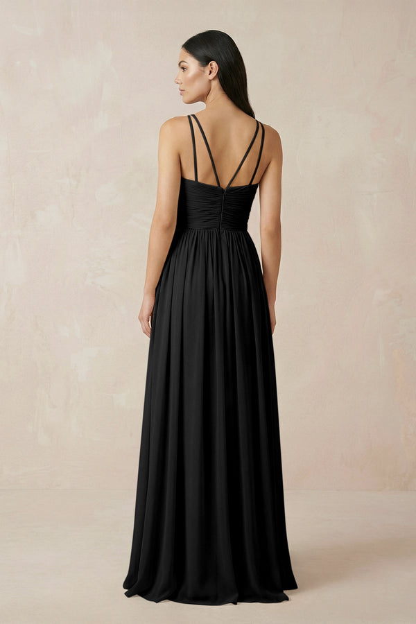 Halter Neck A - Line Chiffon Bridesmaid Dress in Black - KissProm Bridesmaid Dresses