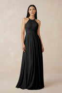 Halter Neck A - Line Chiffon Bridesmaid Dress in Black - KissProm Bridesmaid Dresses