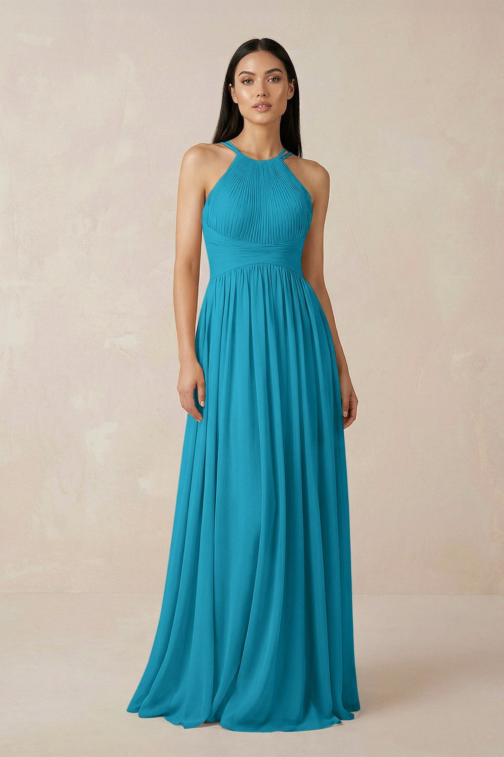 Halter Neck A - Line Chiffon Bridesmaid Dress in Blue Jay - KissProm Bridesmaid Dresses