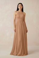 Halter Neck A - Line Chiffon Bridesmaid Dress in Bronzer - KissProm Bridesmaid Dresses