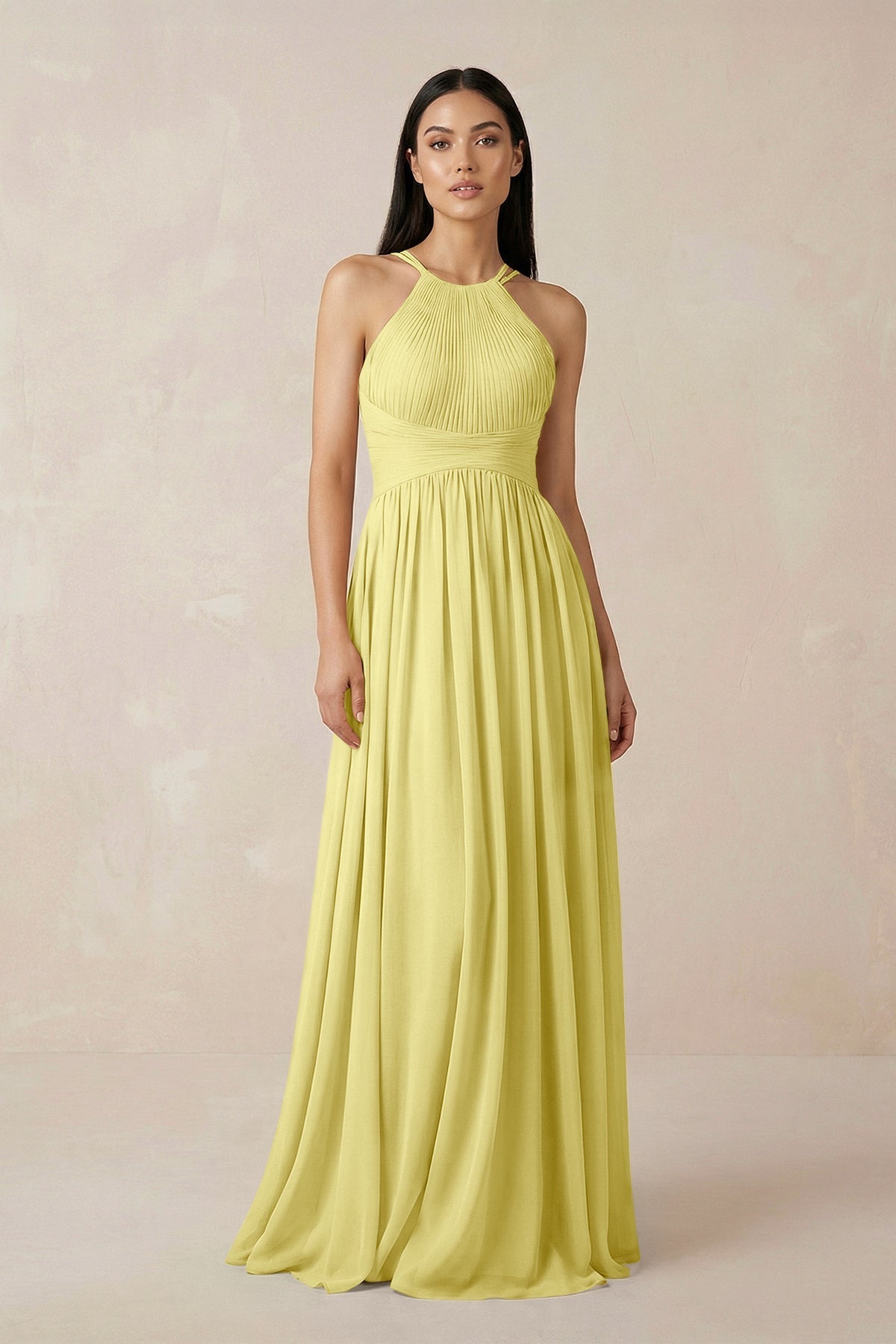 KissProm Halter Neck A-Line Chiffon Bridesmaid Dress in Buttercup, Buttercup / 4