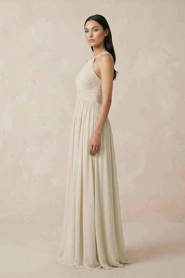 Halter Neck A-Line Chiffon Bridesmaid Dress in Champagne - KissProm BRIDESMAID DRESSES