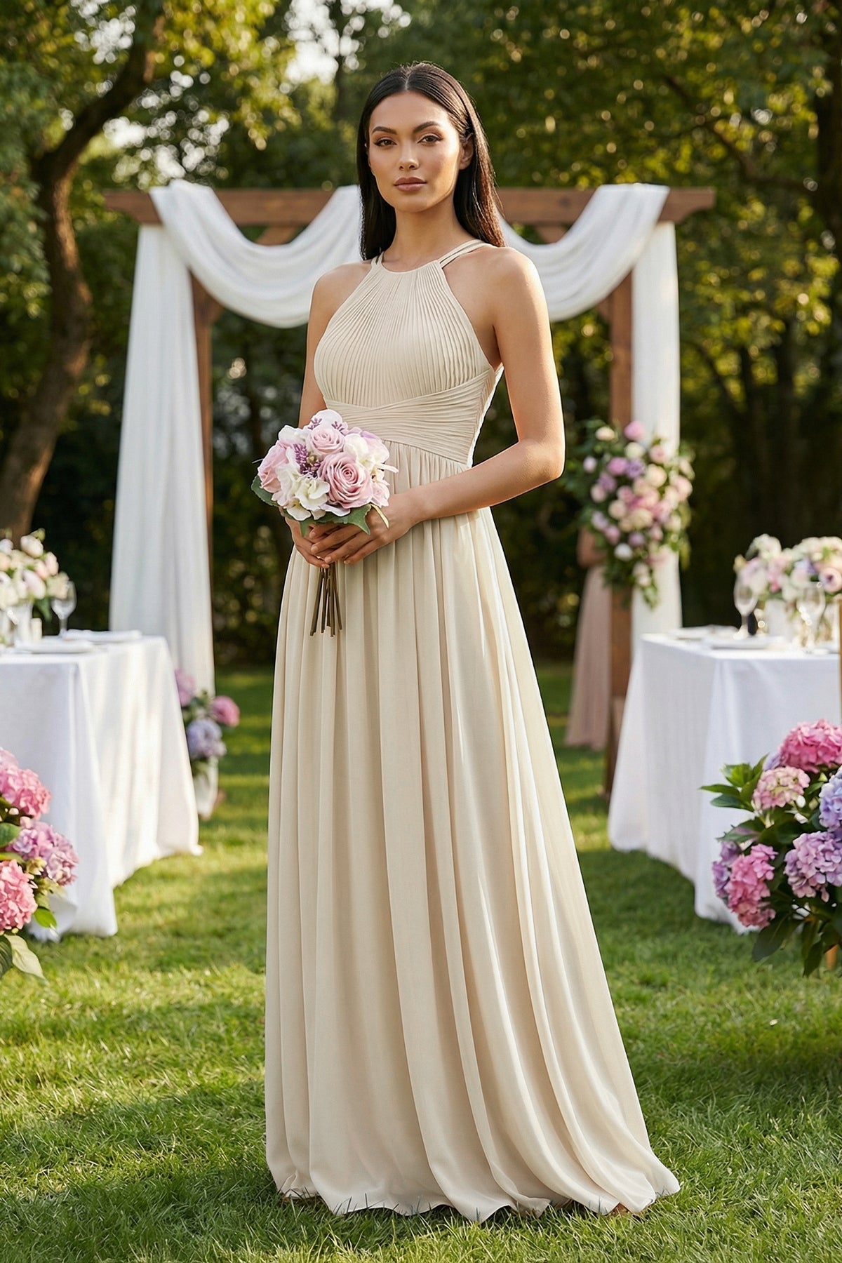 Halter Neck A-Line Chiffon Bridesmaid Dress in Champagne, Champagne / 28