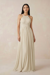 Halter Neck A-Line Chiffon Bridesmaid Dress in Champagne - KissProm BRIDESMAID DRESSES